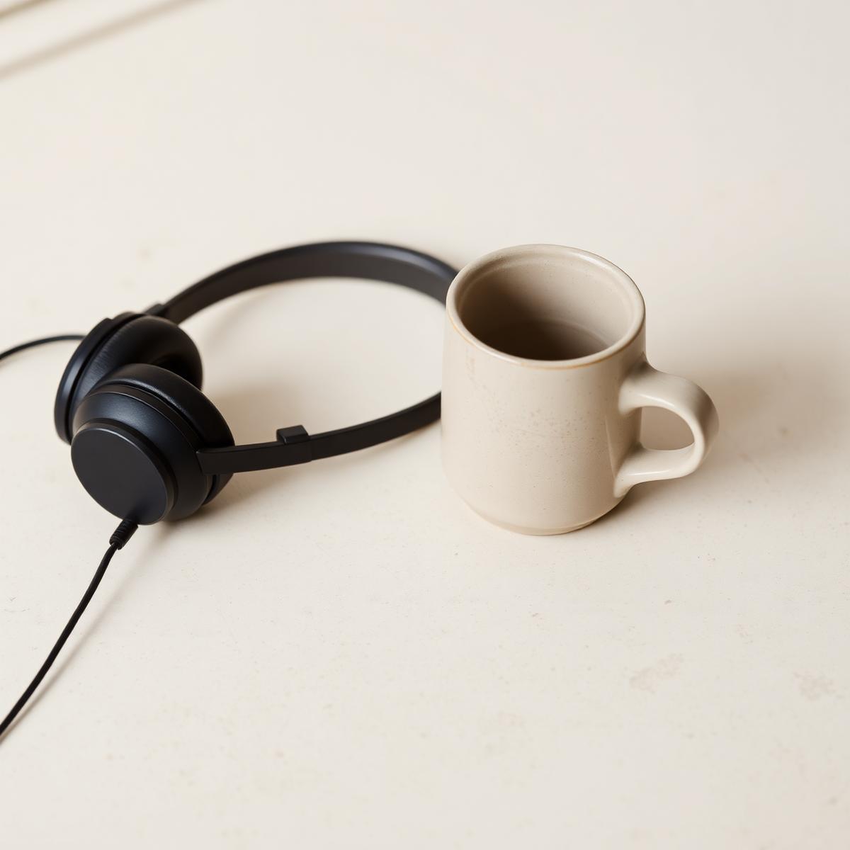 Matte black headphones and a ceramic mug on a pale concrete surface